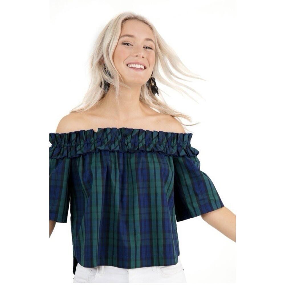 Vineyard Vines Women’s Size S Blue Green Tartan Plaid Off Shoulder Top Ruffle